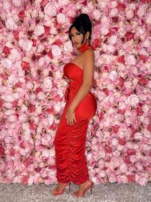 SHEIN SXY Valentine's Day Sexy Red Prom Heart  Spring  Party Date Night  Ruffle Hollow Out Women Elegant Party Strapless Pleated Floor-Length  With 3d Flower Decoration