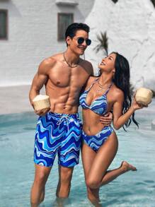 Manfinity VDAYZ 1pc Men's Wave Striped Beach Shorts Couples Matching Swimwear Vacation - Multicolor - View 6