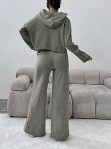 SHEIN PETITE Juego De Dos Piezas De Punto Acanalado De Color Sólido Para Mujeres - Verde militar - Ver 2
