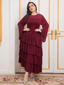 Modelyn Burgundy Red Plus Size Round Neck Multi-Layered Ruffle Hem Dress With Flounced Sleeves, Belt Not Included Long Evening Dresses - Burgundy - View 4