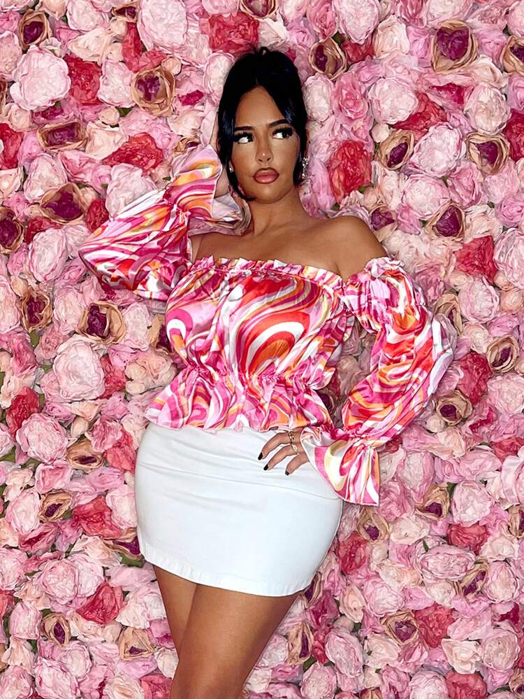 Women's Valentine's Day Off-Shoulder Bubble Sleeve Wave Color Block Floral Print Shirt
