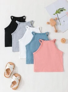 Baby Girl 5pcs/Set Casual Summer Solid Ribbed Halter Neck Tank Top - Multicolor - View 2
