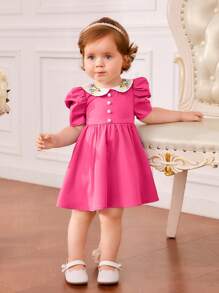 SHEIN Fern Glow  Baby Girl Elegant Embroidered Bubble Sleeve Dress - Hot Pink - View 3