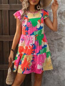 Breezaya Casual Summer Hawaii Style Vacation Yellow Floral Layered A-Line Cap Sleeve Cute Doll Dress, Beach Cover Up - Multicolor - View 3