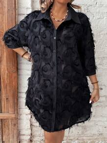 EMERY ROSE 女士大尺碼釦前開衫邊緣裝飾連衣裙 - 黑色 - 查看 5