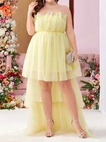 SHEIN Belle Plus Size Women's Mesh Tutu Dress With High-Low Hemline For Evening Party Dress - Yellow - View 1