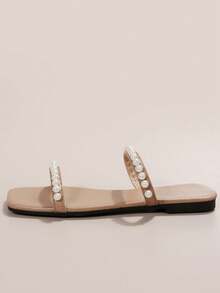 女士新款夏季平底涼鞋,時尚百搭珍珠裝飾海灘度假涼鞋 - 杏色 - 查看 7