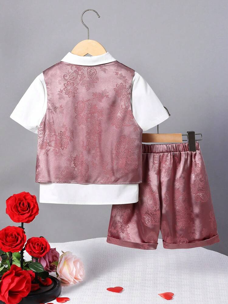 3pcs/Set Young Boys' Vest, Pants, And Shirt In Glossy Jacquard Fabric With Subtle Pattern