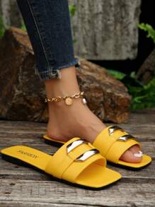 超大码美国尺码 5-9 夏季新款户外时尚休闲金属扣一脚蹬拖鞋女士日常穿着软底沙滩鞋紫色平底凉鞋适合夏季穿着舒适平底鞋 - 黃色 - 查看 4