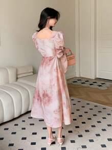 DAZY Ink-Washed A-Line Dress With Cinched Waist And Flared Sleeves Floral,Ruffle,Fall Dress