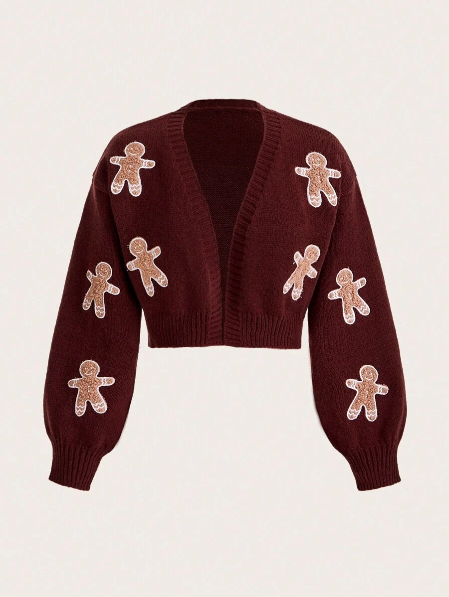 SHEIN Essnce Women's Gingerbread Man Embroidered Cardigan Sweater - Coffee Brown - View 1