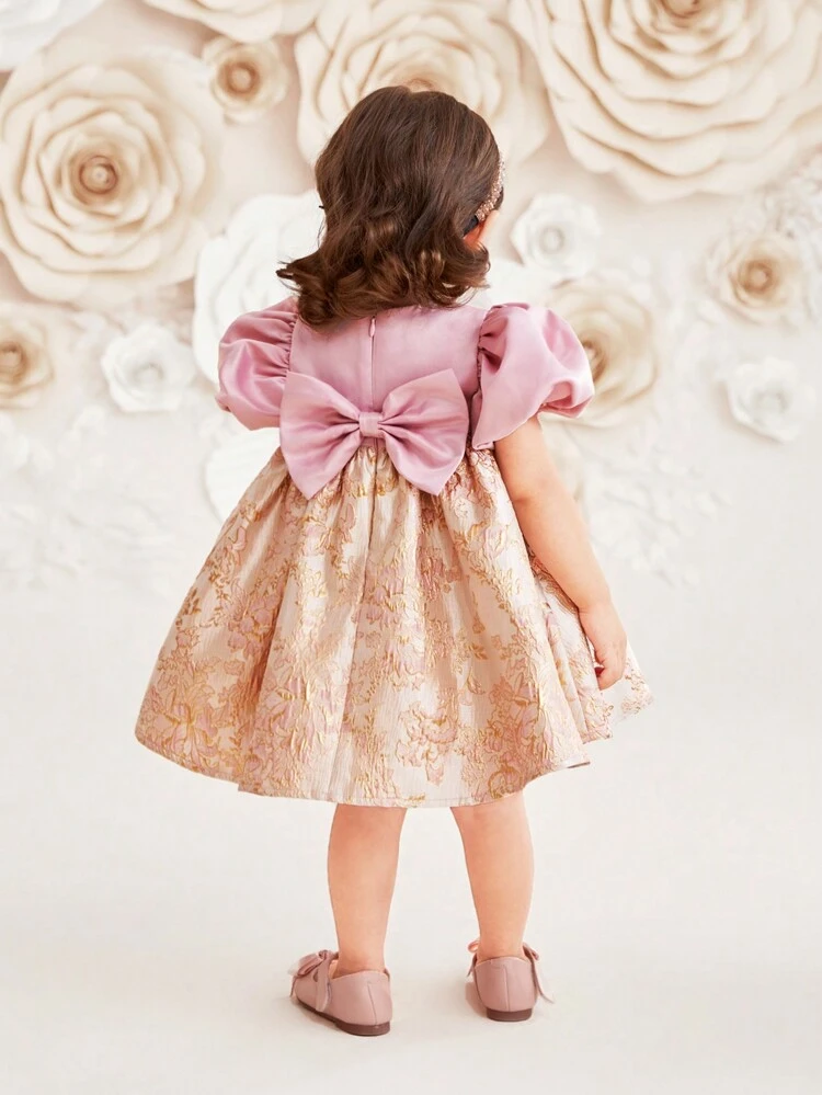 DRMZ Baby Girl Baby Girl Gorgeous Satin Bubble Short Sleeve Dress With Gold Floral Applique