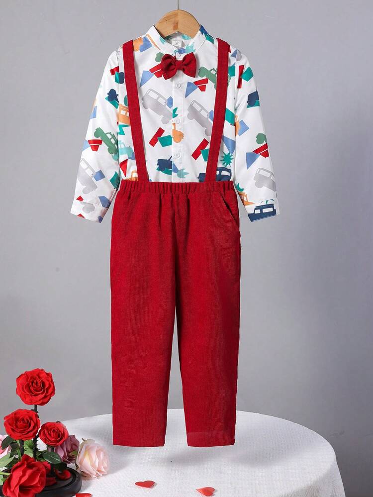 Boys' Fitted Elegant Car Pattern Shirt With Suspenders Pants, Gentleman Clothes