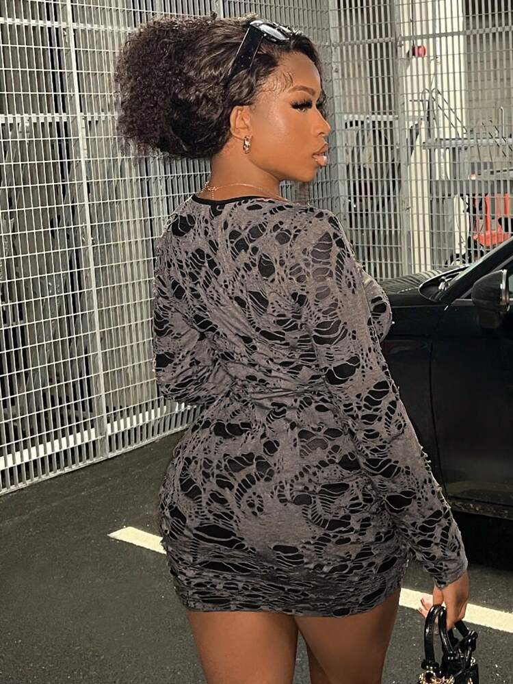 Casual Long Sleeve Gray Distressed Bodycon Mini Dress