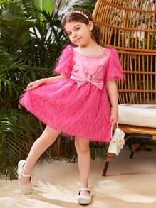 SHEIN Young Girl Big Bow Decor Short Puff Sleeve Dress - Multicolor - View 1