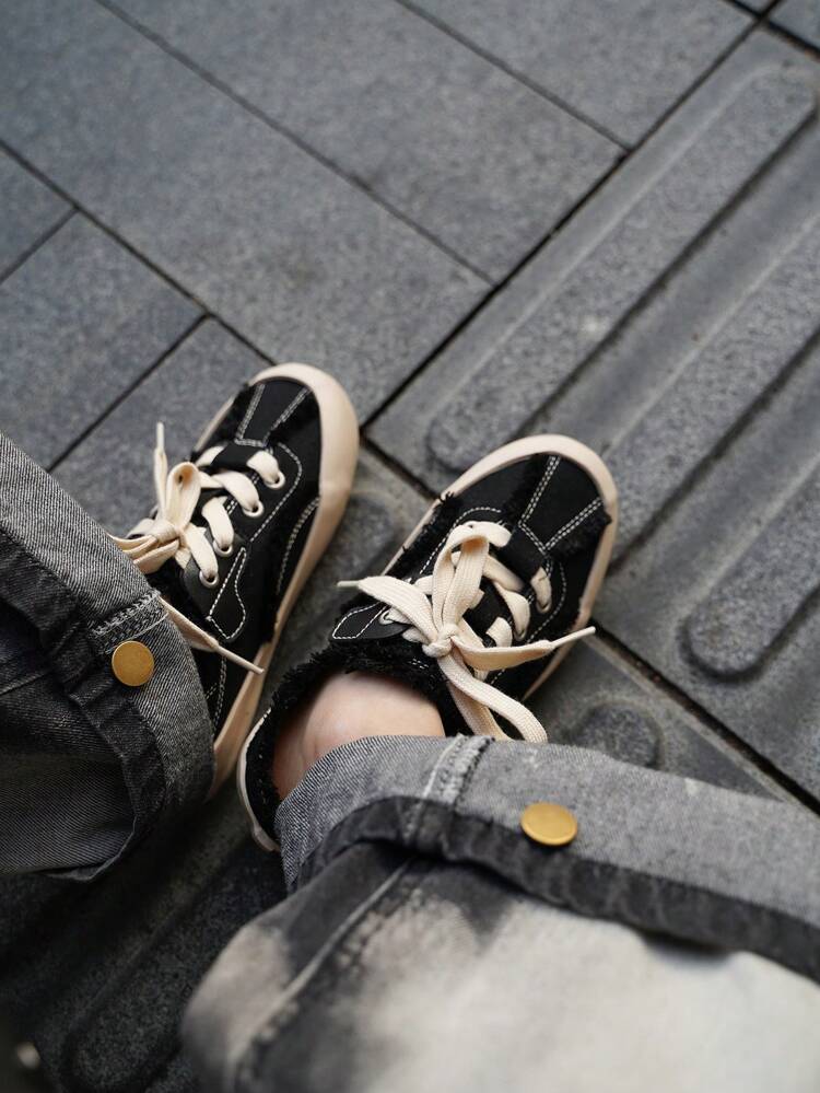 And Cool Street-Style Flat-Soled Boys' Raw-Edged Straps, Comfortable And Versatile Canvas Shoes