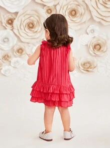 SHEIN Baby Girls' Sweet And Casual Sleeveless Floral 3d Detail Dress With Pleated And Ruffle Hem