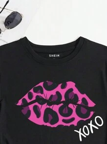 SHEIN Slayr Áo thun in chữ & môi Plus Size - màu đen - Xem 6