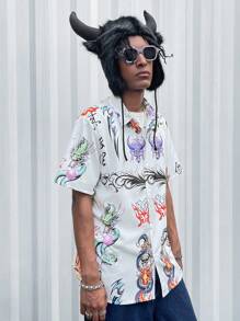 ROMWE MEN Anime Camisa De Manga Corta Para Hombres Con Estampado De Dragón Y Calavera - Blanco - Ver 6