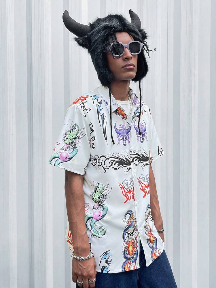 Men'S Dragon And Skull Printed Short Sleeve Shirt