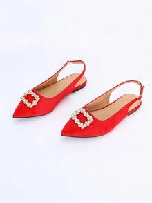 Women's Spring And Autumn New Style Flat Shoes With Rhinestones Decoration, Suedette, Pointed Toe And Chunky Heel Design - Red - View 6