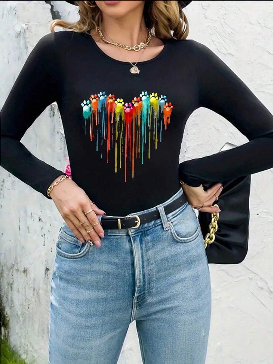 SHEIN LUNE Ladies' Casual Long Sleeve Round Neck Heart Print Bodysuit - Black - View 1