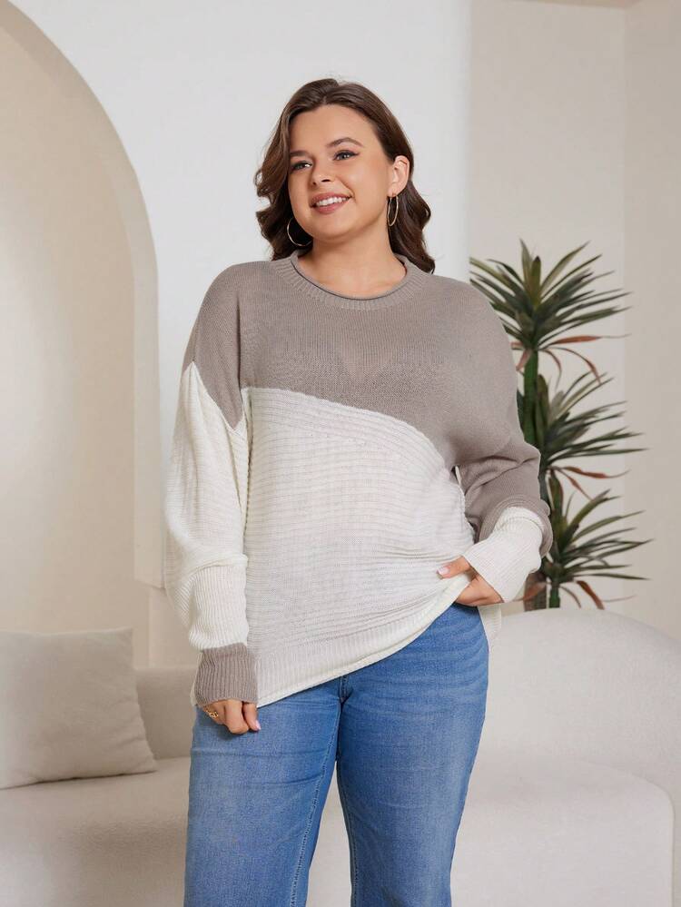 Plus Two Tone Drop Shoulder Sweater Knit Pullover Fall Winter Sweater