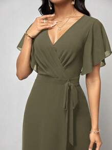 Amorya Women's Short Sleeve Wrap Front Jumpsuit With Flared Hem - Army Green - View 6
