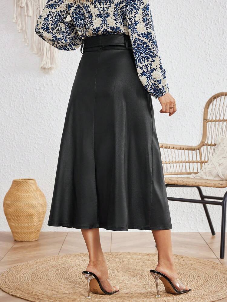 1pc Women's Solid Color Knotted Waist PU Leather Long Elegant Skirt Fall Cloth For Women