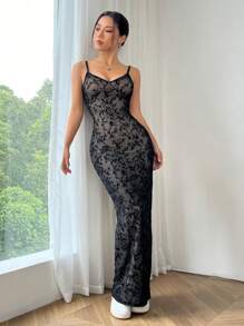 SHEIN EZwear Sang trọng Lưới Dài Váy Dây - màu nâu - Xem 6