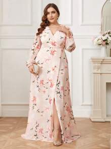 SHEIN Belle Plus Size Women's Floral Print Split Bridesmaid Dress - Multicolor - View 1