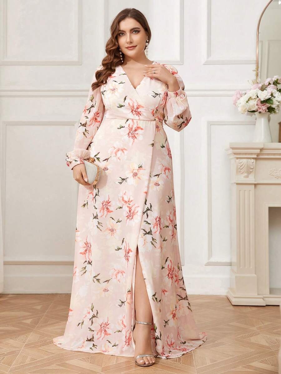 SHEIN Belle Plus Size Women's Floral Print Split Bridesmaid Dress - Multicolor - View 1