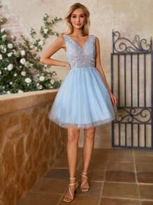 Lovelzi Gorgeous 3d Beaded Embroidery & Sheer Mesh Contrast Women's Cocktail Party Dress Elegant Prom Semi Formal Wedding Guest Dress, For Birthday, Graduation, Homecoming