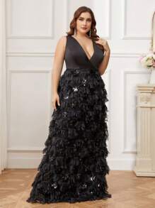 SHEIN Belle Plus Size Women's Beaded Tassel Contrast Mesh A-Line Dress With Color Block, For Evening Party Formal Dress - Black - View 2