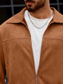 Manfinity Homme 男士純色折領寬鬆外套 - 棕色 - 查看 7