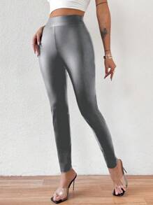 SHEIN Essnce Ladies' Pu Leather Leggings - Dark Grey - View 6