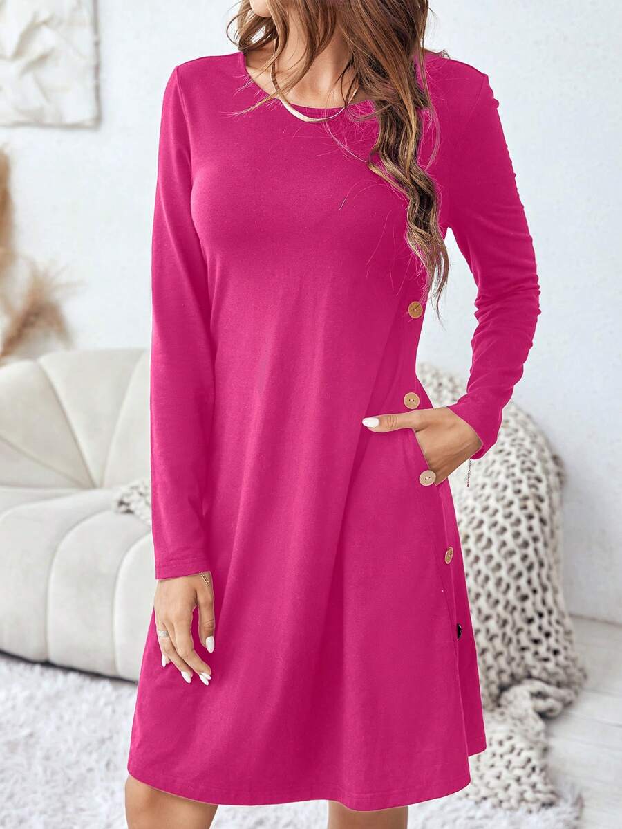 SHEIN LUNE 女士圓領釦紐細節連身裙 - 玫紅色 - 查看 1