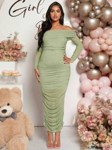 Loomaby Maternity Solid Ruched Off Shoulder Dress With Long Sleeve, For Baby Shower - Green - View 3