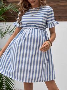SHEIN Maternity Striped Dress With Flare Sleeves And Nursing Function - Baby Blue - View 3