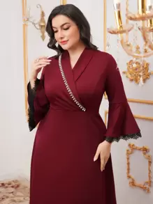 Modelyn Burgundy Red Plus Size Beaded Tassel Lace Trim Flared Sleeve Dress With Rhinestone Detailing,Elegant Evening Party Dress Long Evening Dresses - Burgundy - View 9