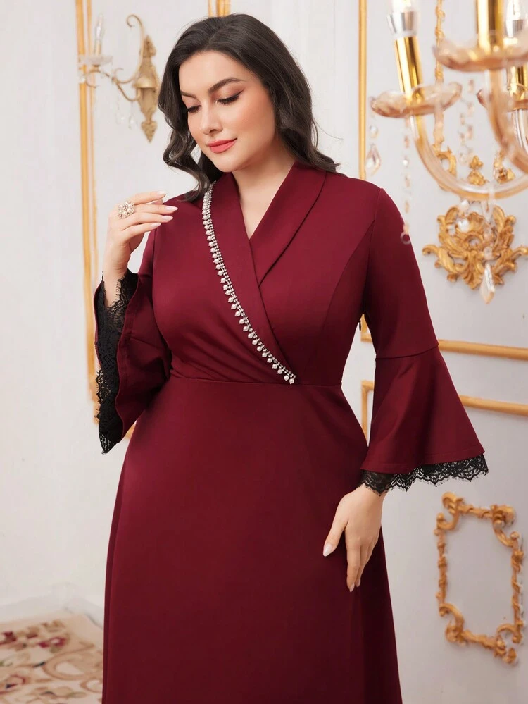 Burgundy Red Plus Size Beaded Tassel Lace Trim Flared Sleeve Dress With Rhinestone Detailing,Elegant Evening Party Dress Long Evening Dresses
