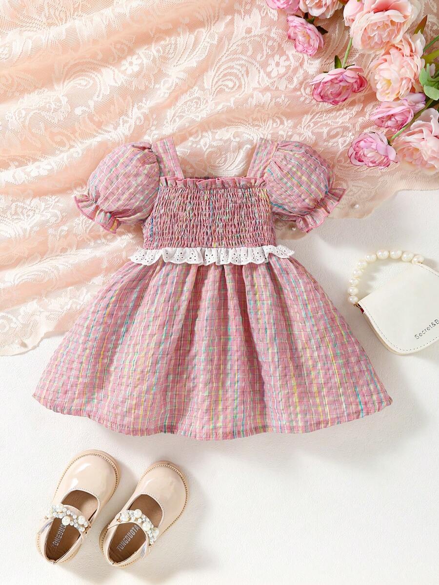 Vestito casual e confortevole per bambina con texture a quadri colorati, maniche a sbuffo - Multicolore - Visualizzare 1