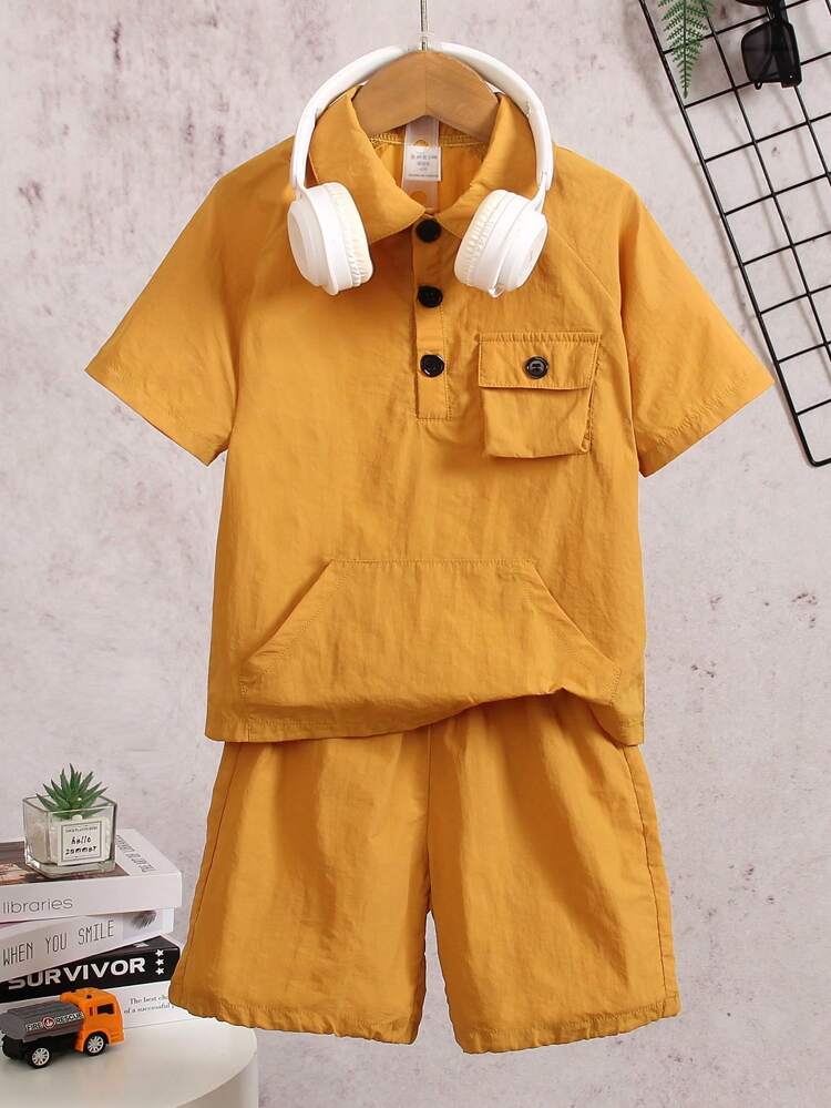 Young Boy Handsome Short Sleeve Collared Shirt With Pocket Detail And Loose Shorts Set For Comfortable Summer Casual Wear