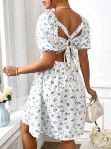 Flirla Knotted Back Cut-Out Floral Print Dress - White - View 3
