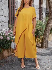 SHEIN Clasi Plus Size Short Sleeve Wrap Top And Wide Leg Pants 2-Piece Set - Yellow - View 1