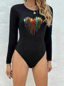 SHEIN LUNE Ladies' Casual Long Sleeve Round Neck Heart Print Bodysuit - Black - View 3