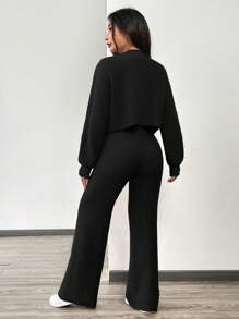 SHEIN EZwear 秋冬女士休闲纯色长袖针织开衫两件套 - 黑色 - 查看 2