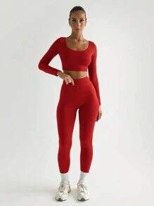 Chất rắn Gầy Hai chiếc Bộ Giải trí Tay áo dài Top Cây trồng Và Bút chì Quần bó sát Thể thao Co giãn Phù hợp Bộ - Đỏ - Xem 5