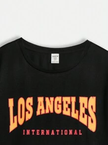 SHEIN 青少年男孩時尚休閒字母印花t恤 - 卡其色 - 查看 5