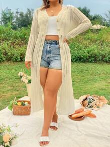 SHEIN SunnyBelle 時尚大尺碼女性長款鉸空針織開衫 - 杏色 - 查看 1